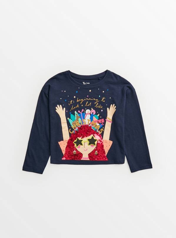 Navy Sequin Christmas Girl T-Shirt 6 years